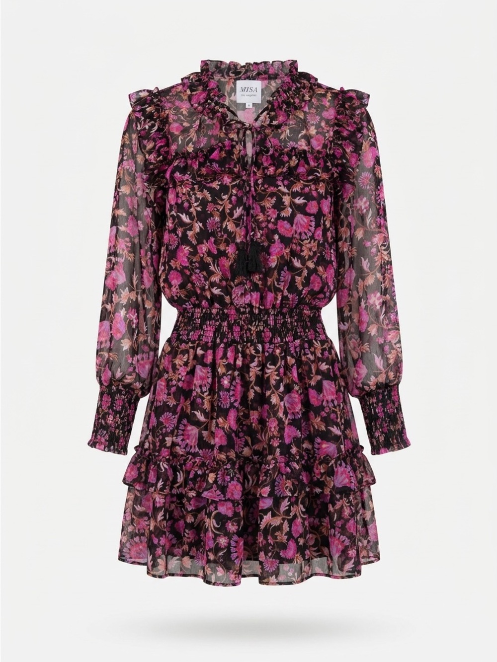Misa Los Angeles Black & Fuchsia Floral Ruffle Minidress